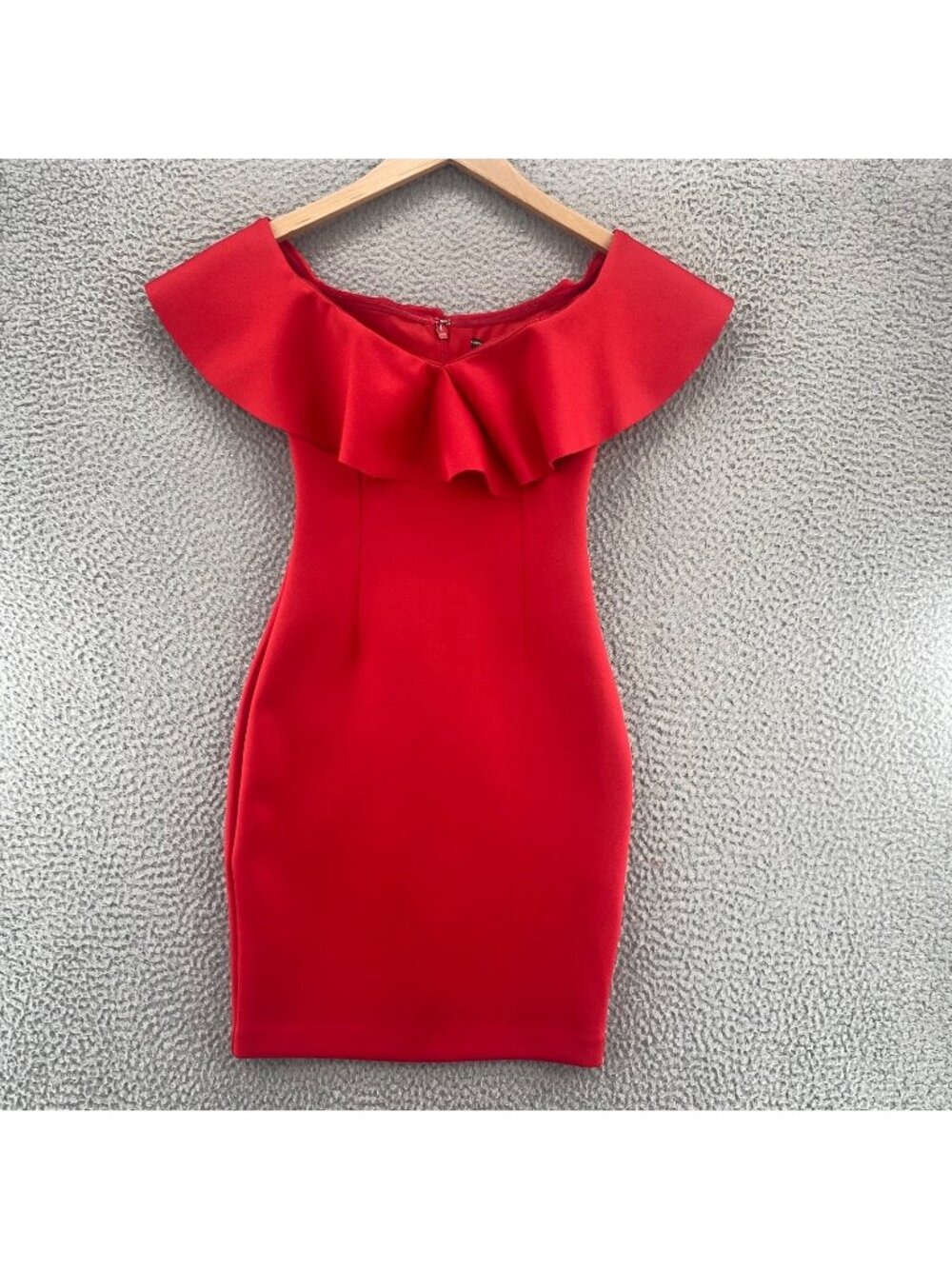 Guess Dress Womens Extra Small Red Cocktail Ruffle Overlay Off Shoulder Scuba